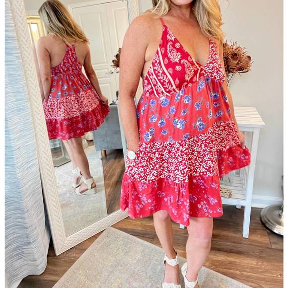 NEW PAANI short patchwork print dress in various reds - Picture 3 of 3